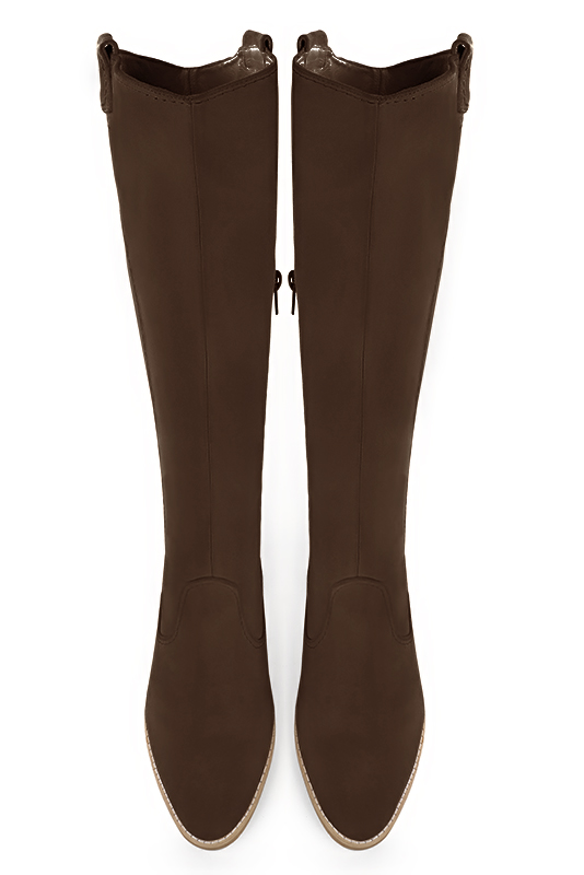 Dark brown women's cowboy boots. Round toe. Medium block heels. Made to measure. Top view - Florence KOOIJMAN